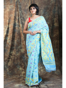 Arhi - Sky Blue Jamdani Saree With Allover Weaving Without Blouse
