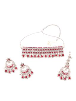 Odette - Women Red Stone Studded Choker Necklace Set