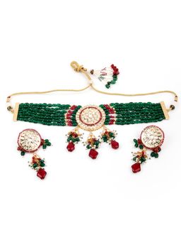 Odette - Women Green and Red Beaded Kundan Choker Set