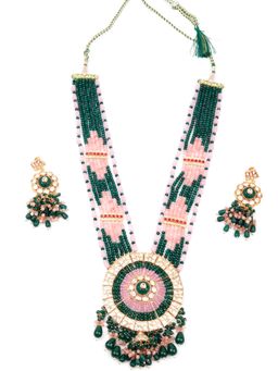 Odette - Women Pink and Green Beads Kundan Long Necklace Set
