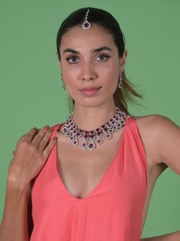 Odette - Pink Stone Studded Silver Plated Jewellery Set