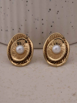 Palmonas - Golden Shell White Pearl Stud Earrings