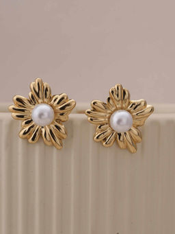 Palmonas - Golden Bloom Floral White Pearl Stud Earrings