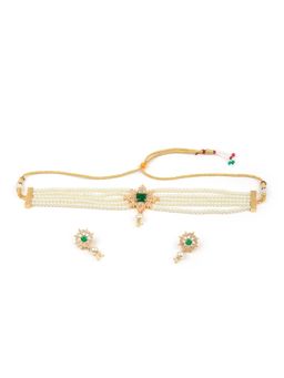 Odette - Women Green Stone and Royal White Pearls Choker Set