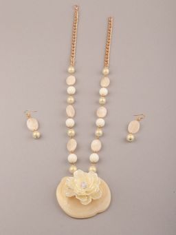 Odette - Women Flower Embedded Off White Long Necklace Set