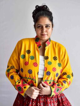 Sundarii - Dhol - Hand Embroidered Patchwork Reversible Crop Jacket - Yellow