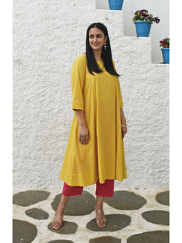 HOUSE OF MOXA - Yellow Flared Cotton Kurta with Square Neck