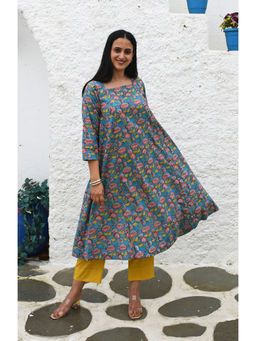 HOUSE OF MOXA - Blue Block Printed Flared Cotton Kurta with Square Neck
