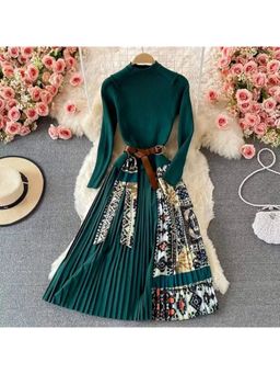 MISS MOSA BY AKANKSHA - Green Bianca Pleated Woolen with Belt Midi Dress with Belt