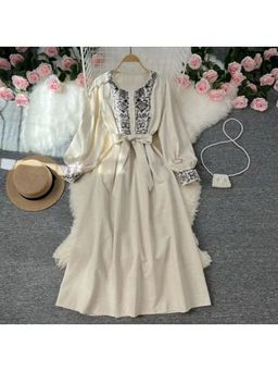 MISS MOSA BY AKANKSHA - Lyra Statement Belted Beige Midi Dress with Belt