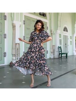 Noun - Aster Black Floral Midi Dress