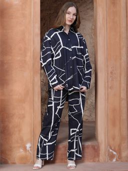 PEPPINOS - Navy Blue Printed Cotton Navy Blue Shirt Co-Ord Set