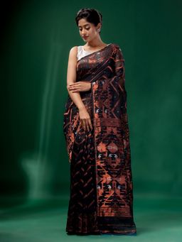 CHARUKRITI - Black Cotton Silk Handwoven Soft Jamdani Saree without Blouse