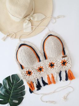 Velvery - Off White Halter Neck Tassel Details Padded Bralette Top with Tie-Ups