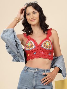 Velvery - Red V-Neck Padded Bralette Top with Tie-Ups