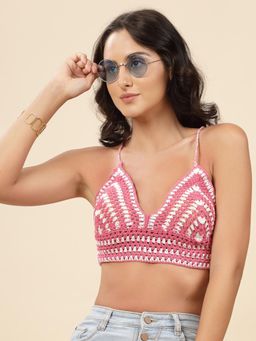 Velvery - Pink V-Neck Cross-Back Padded Bralette Top with Tie-Ups