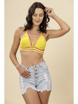 Velvery - Yellow V-Neck Cross-Back Padded Bralette Top with Tie-Ups