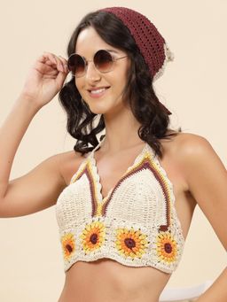 Velvery - White Halter Neck Sun Flower Padded Bralette Top with Tie-Ups