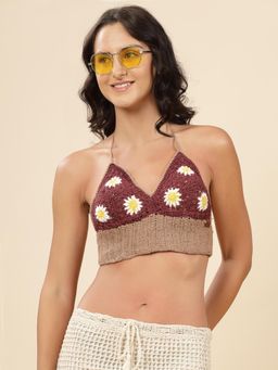 Velvery - Brown Halter Neck Floral Padded Bralette Top with Tie-Ups