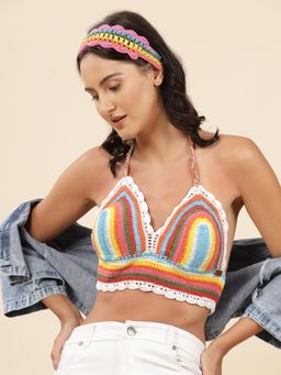 Velvery - Multi-Color Halter Neck Padded Bralette Top with Tie-Ups