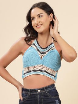 Velvery - Blue Halter Neck High Coverage Padded Bralette Top with Tie-Ups