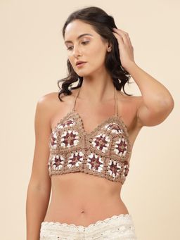 Velvery - Brown Halter Neck Granny Square Padded Bralette Top with Tie-Ups