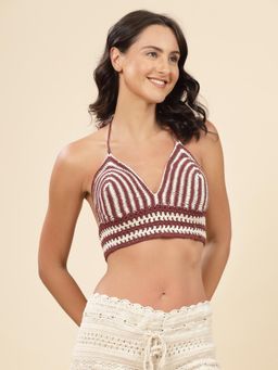 Velvery - Brown Halter Neck Stripped Padded Bralette Top with Tie-Ups