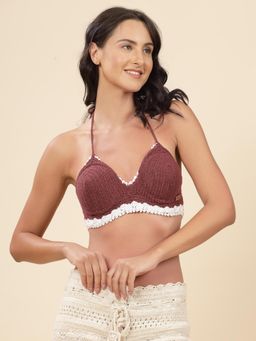 Velvery - Brown Halter Neck Padded Bralette Top with Tie-Ups