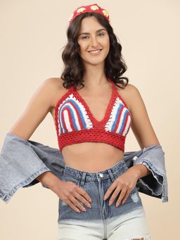 Velvery - Red Halter Neck Padded Bralette Top with Tie-Ups