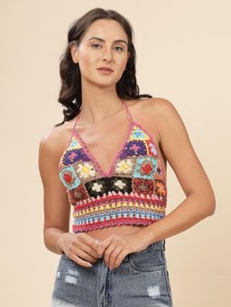 Velvery - Multi-Color Halter Neck Broad Waist Padded Bralette Top with Tie-Ups