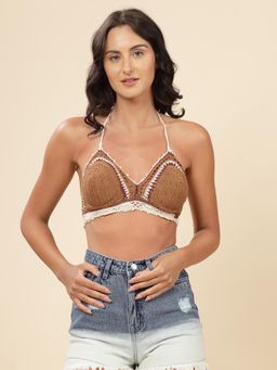 Velvery - Brown Halter Neck Padded Bralette Top with Tie-Ups