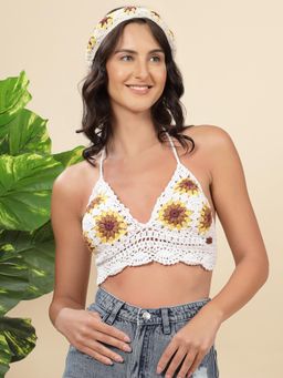 Velvery - White Halter Neck Sun Flower Padded Bralette Top with Tie-Ups