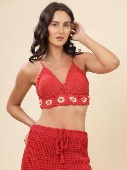 Velvery - Red Halter Neck Floral Padded Bralette Top with Tie-Ups