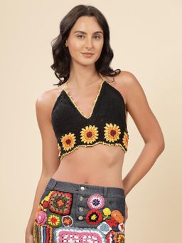 Velvery - Black Halter Neck Sun Flower Padded Bralette Top with Tie-Ups