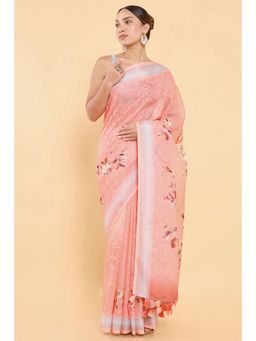 Soch - Women Peach Linen Printed Saree with Stitched Blouse