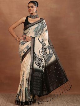 Libas - Beige Printed Silk Blend Saree with Unstitched Blouse
