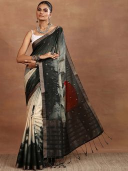 Libas - Beige Printed Silk Blend Saree with Unstitched Blouse
