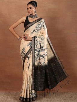 Libas - Beige Printed Silk Blend Saree with Unstitched Blouse