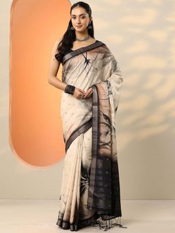Libas - Beige Tropical Printed Saree with Unstitched Blouse