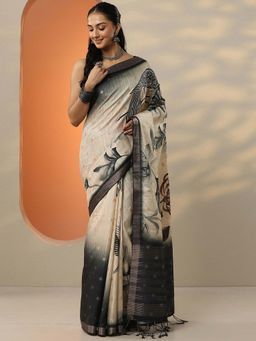 Libas - Beige Floral Printed Saree with Unstitched Blouse