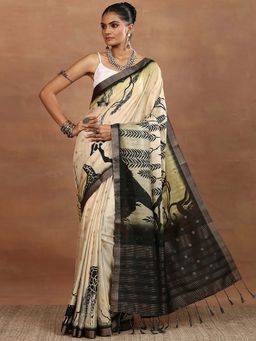 Libas - Beige Printed Silk Blend Saree with Unstitched Blouse