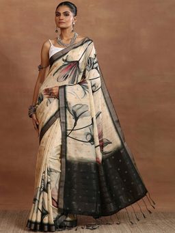 Libas - Beige Printed Silk Blend Saree with Unstitched Blouse