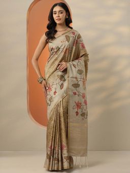 Libas - Beige Printed Silk Blend Saree with Unstitched Blouse