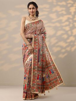 Libas - Beige Tribal Printed Saree with Unstitched Blouse