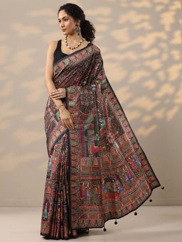 Libas - Black Tribal Printed Saree with Unstitched Blouse