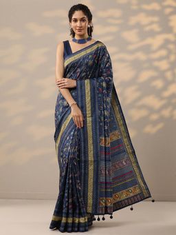 Libas - Navy Blue Floral Printed Saree with Unstitched Blouse