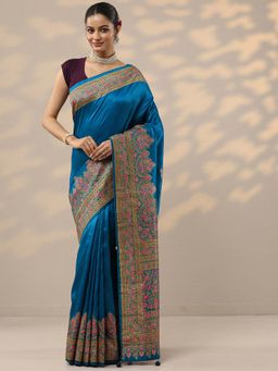 Libas - Blue Printed Silk Blend Saree with Unstitched Blouse