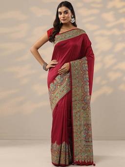 Libas - Maroon Printed Silk Blend Saree with Unstitched Blouse