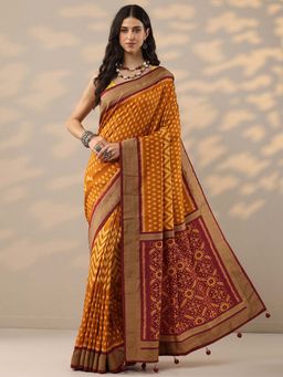 Libas - Mustard Chevron Printed Saree with Unstitched Blouse