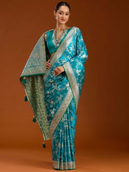 Koskii - Turquoise Blue Stonework Woven Silk Saree with Unstitched Blouse